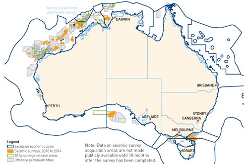 Graphic showing area of completed seismic surveys in Australian commonwealth waters January 2010 to 2014