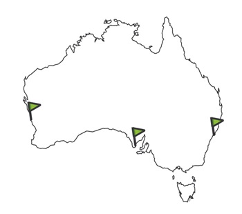 Map of Australia with markers showing Yellowtail Kingfish aquaculture sites