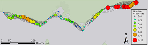 Infographic showing number of sources contributing to abalone on Victorian reefs