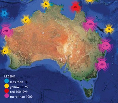 Map showing Black Marlin tagged July 2010 to June 2015