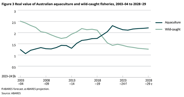 Figure showing real value of Australian aquaculture and wild-caught fisheries, 2003-04 to 2028-29. Aquaculture has taken over in last 5 years