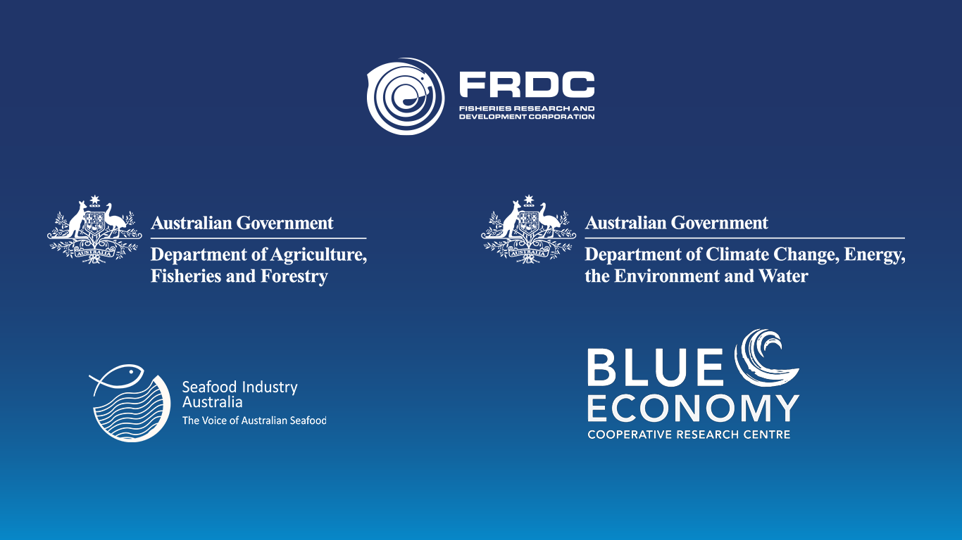 Blue background showing partners involved in futures of seafood project. Thisinclude Seafood Industry Australia, Blue Economy Cooperative Research Centre, the Department of Agriculture Fisheries and Forestry, and the Department of Climate Change, Energy, the Environment and Water.