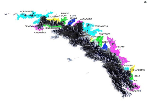 Figure 1. Glaciers enable South Georgia to be divided into discrete zones for the purpose of rodent control (Figure reproduced from Poncet and Poncet, 2009).