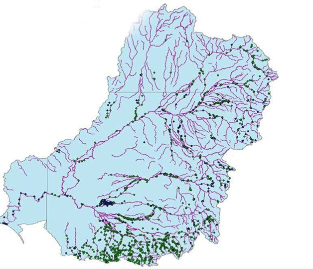 Figure 2. Dams and weirs present throughout the Murray-Darling Basin (in green). Opportunities will be explored to use these compartmentalise reaches into zones, enabling progressive treatment for the control of carp (source: Murray-Darling Basin Authority)