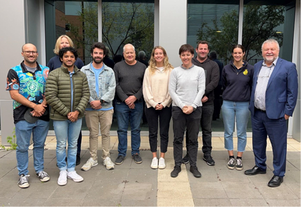 Group photograph of FRDC bursary holders who attended the Fisheries Management short course 2023. L to R: Tyson Martin, Ruth Sharples, Aaron Moses, Asher England, Robert Chewying, Tessa Ramshaw, Elisha Lovell, Craig William Fox, Matilda Adamson, Alistair McIlgorm, Dr Christine Kershaw (not pictured) 