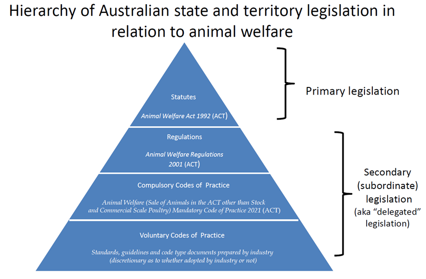 A diagram showing the hierarchy of Australian State and territory legislation in relation to animal welfare