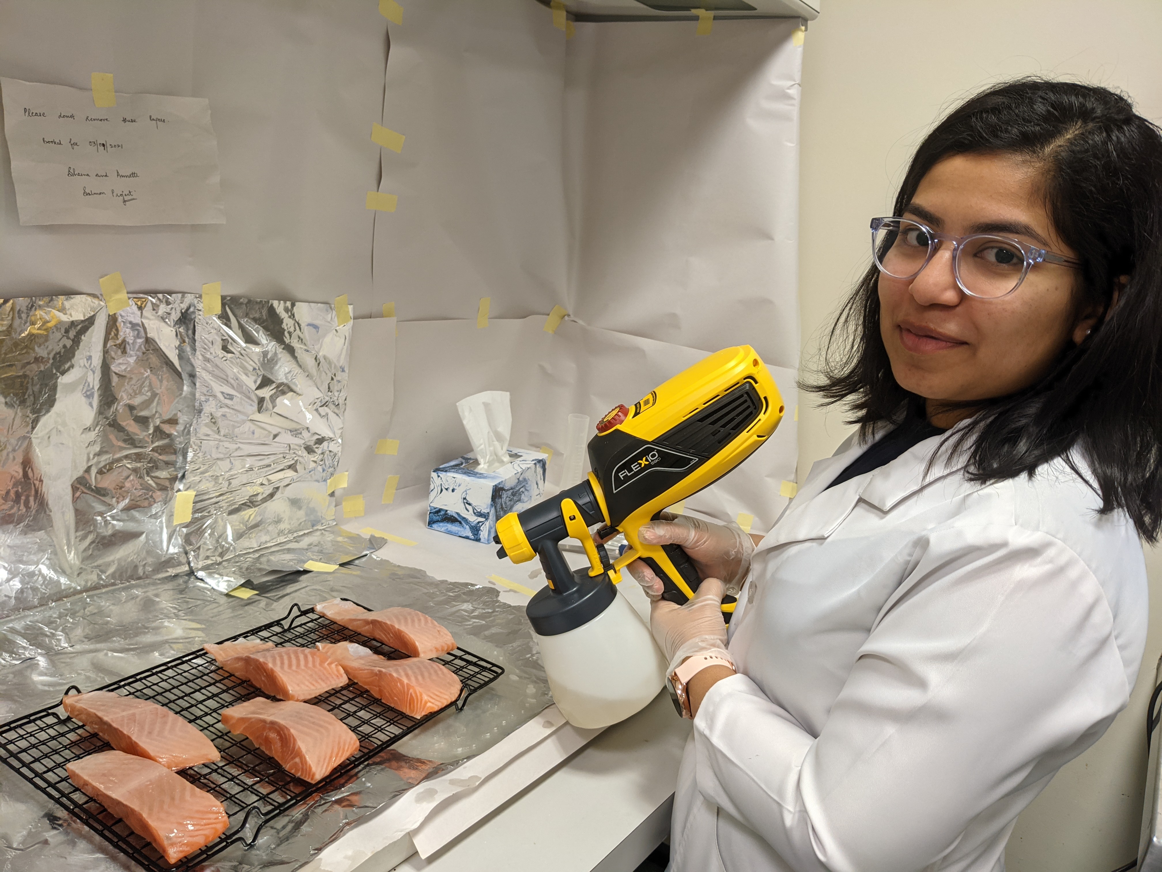 Curtin University Student, Annette Paul, applying an edible coating to Salmon