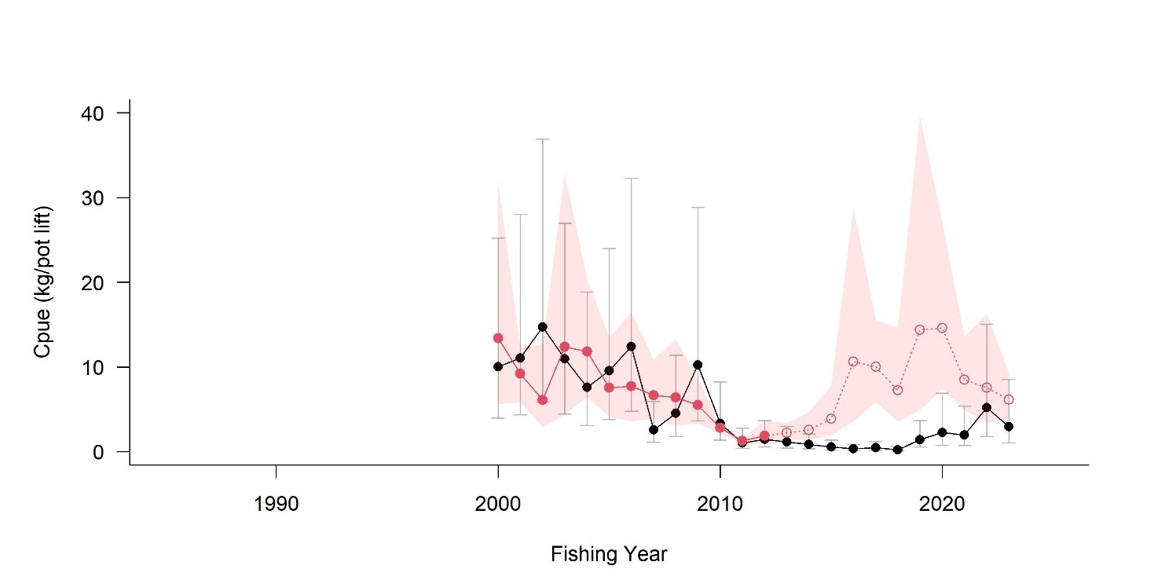Graph showing predicted Western Rock Lobster juvenile populations and commercial catch versus actual catch at Kalbarri, Western Australia