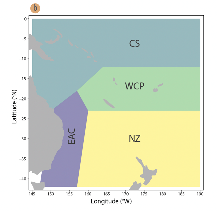 The project was split into four regions for analysis. EAC = East Australian Current dominated; CS = Coral Sea and equatorial; WPC = Western-Central Pacific; NZ = New Zealand.