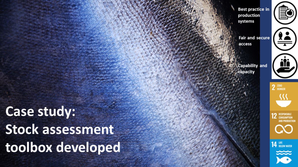 Image introducing a case-study of the Stock Assessment Toolbox with the R&D Outcomes and UN SDG the project relates to.