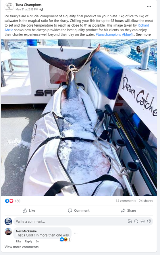 A Tuna Champion social media post with a Tuna fish on a boat