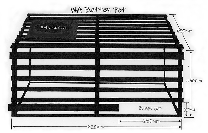 A black and white drawing of a batten pot, a rectangular, with tapered sides, and a single entrance at the top. 