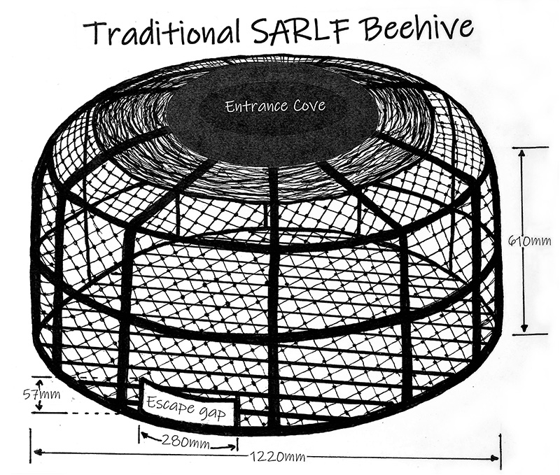 Image of a beehive pot, a dome shaped, constructed of a wire frame over which wire, or cane is woven