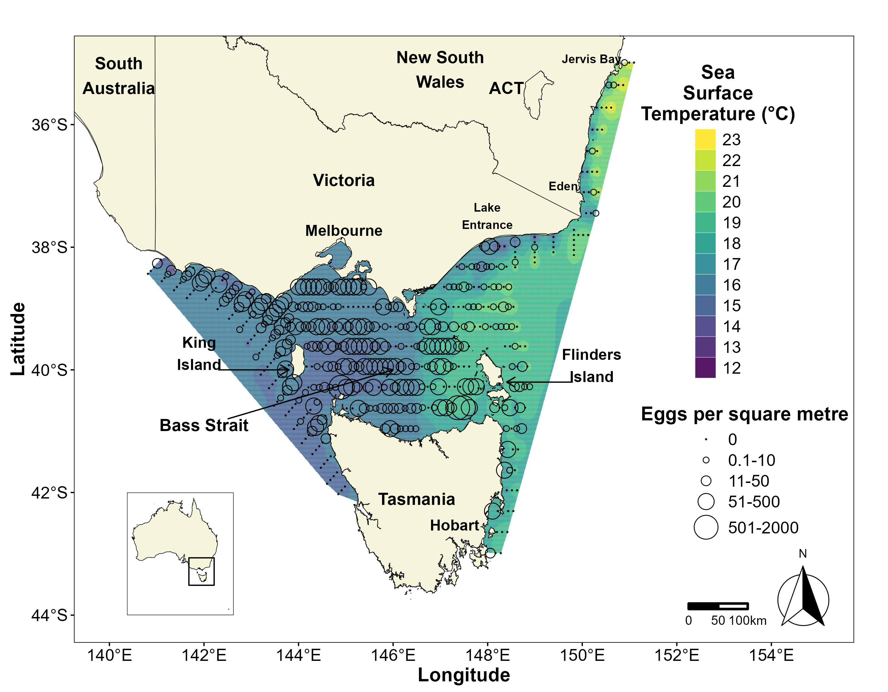 Figure 2: The density of Australian Sardine eggs identified in sampling of the South-Eastern Stock. Source: IMAS