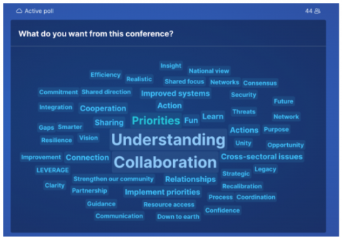 stakeholder-planning-workshop-wordcloud-nov22 Sli.do’s live feedback screen, showing users similarities in answers using a ‘word-cloud’ format. The bigger the word – the more users had generated that answer.