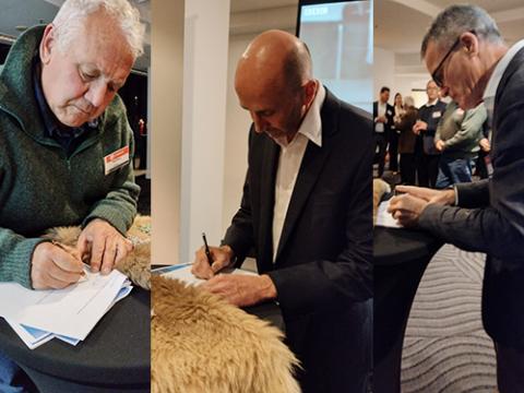 All three parties came together to sign the Memorandum of Understanding (MoU). Pictured (L to R): Rodney Dillion (Land and Sea Aboriginal Corporation Tasmania), Crispian Ashby (FRDC), Terry Bailey (Institute for Marine and Antarctic Studies). 